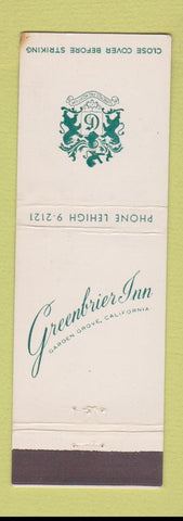 Matchbook Cover - Greenbrier Inn Garden Grove CA