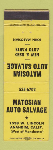 Matchbook Cover - Matosian Auto Salvage Anaheim CA