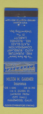 Matchbook Cover - Milton Gardner Insurance Inglewood CA