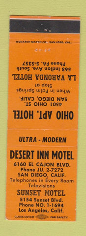 Matchbook Cover - Desert Inn Motel Sunset Motel San Diego Los Angeles CA