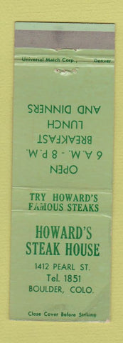 Matchbook Cover - Howard's Steak House Boulder Colorado WEAR