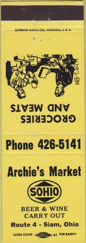 Matchbook Cover - Archie's Market Siam OH yellow Sohio oil gas