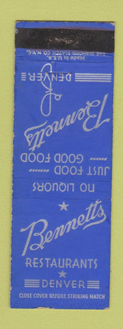 Matchbook Cover - Bennetts Restaurant Denver Colorado