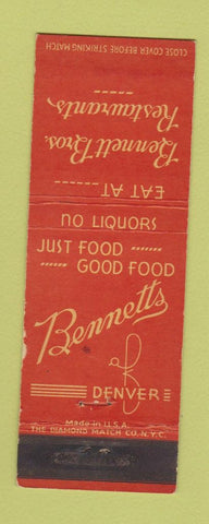 Matchbook Cover - Bennetts Restaurant Denver Colorado WEAR