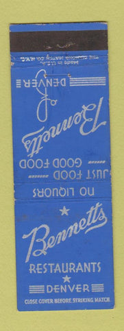 Matchbook Cover - Bennetts Restaurant Denver Colorado