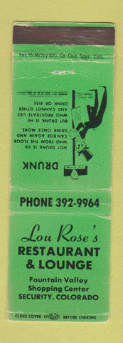 Matchbook Cover - Lou Rose's Restaurant Lounge Security Colorado WEAR