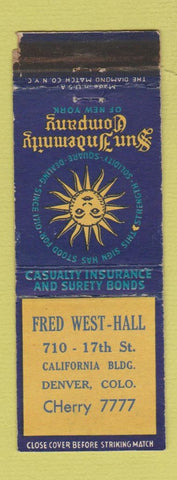 Matchbook Cover - Sun Indemnity Insurance Fred West Hall Denver Colorado WORN