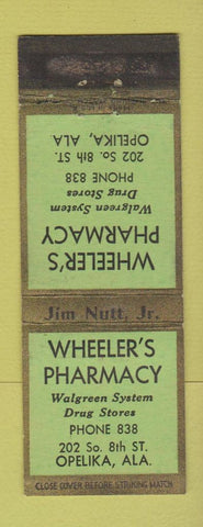 Matchbook Cover - Wheeler's Drug Opelika AL low phone # Walgreens