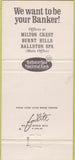 Matchbook Cover - Milton Crest Bank Burnt Hills Ballston Spa