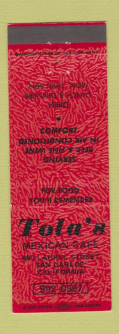 Matchbook Cover - Tola's Mexican Cafe San Carlos CA