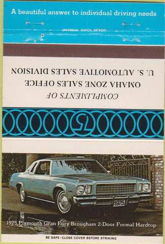 Matchbook Cover - 1975 Plymouth Gran Fury Omaha NE Zone 40 Strike