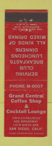 Matchbook Cover - Grand Central Coffee Shop Cocktail Lounge San Diego CA