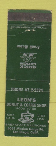 Matchbook Cover - Leon's Donut Coffee Shop San Diego CA WEAR