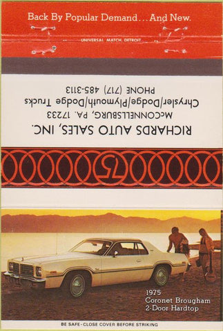 Matchbook Cover - 1975 Chrysler Dodge Plymouth McDonnellsburg PA 40 Strike