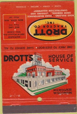 Matchbook Cover - Drott Tractors Milwaukee Rice Lake Iron River MI 40 Strike