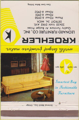 Matchbook Cover - Kroehler Furniture Detroit MI girlie 40 Strike