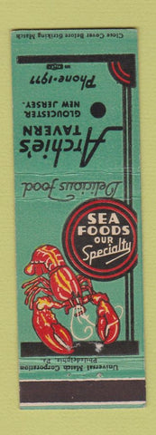 Matchbook Cover - Archie's Tavern Gloucester NJ low phone # lobster WEAR beer