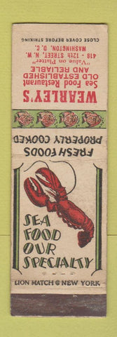 Matchbook Cover - Wearley's Seafood Washington DC WEAR