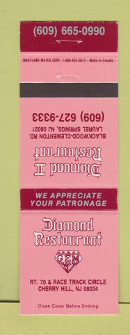 Matchbook Cover - Diamond Restaurant Cherry Hill NJ Laurel Springs