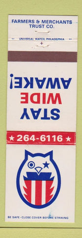Matchbook Cover - Farmers MERchants Trust 1976 owl Chambersburg PA