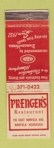 Matchbook Cover - Prenger's Restaurant Norfolk NE WORN