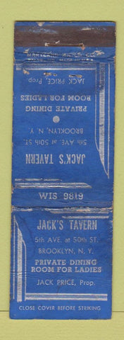 Matchbook Cover - Jack's Tavern Brooklyn NY  POOR