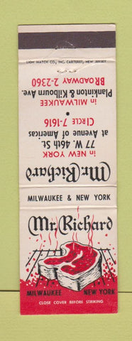 Matchbook Cover - Mr Richard Steaks Milwaukee WI New York City WEAR