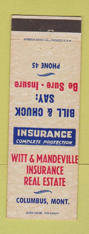 Matchbook Cover Witt & Mandeville Insurance Real Estate Columbus MT low phone #