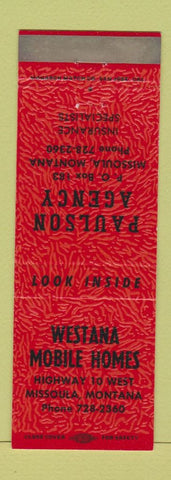Matchbook Cover - Westana Mobile Homes Missoula MT Paulson Insurance RED