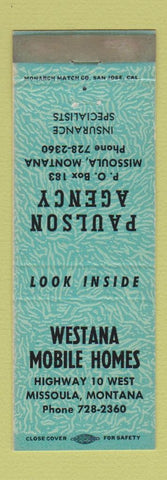 Matchbook Cover - Westana Mobile Homes Missoula MT Paulson Insurance TEAL