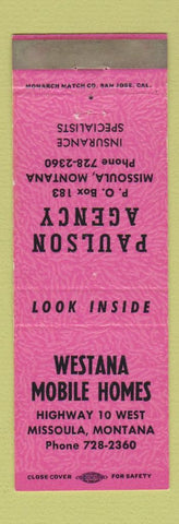 Matchbook Cover - Westana Mobile Homes Missoula MT Paulson Insurance PINK