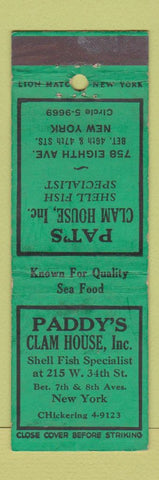 Matchbook Cover - Paddy's Clam House New York City WEAR