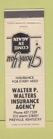 Matchbook Cover - Walter Walters Insurance Pikeville KY