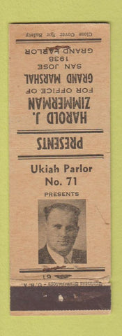Matchbook Cover - Harold Zimmerman Grand Marshall San Jose CA 1938 WORN