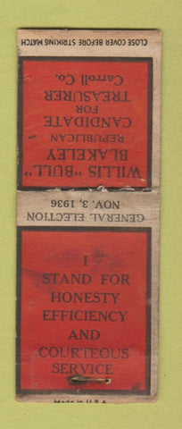 Matchbook Cover Willis Bull Blakeley Treasurer Carroll County 1936 POOR BOBTAIL