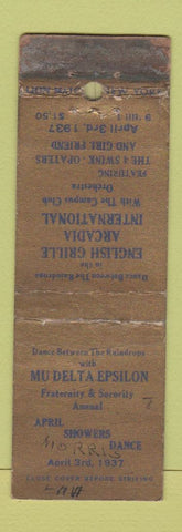 Matchbook Cover - Mu Delta Epsilon 1937 Arcadia International WORN TAPED