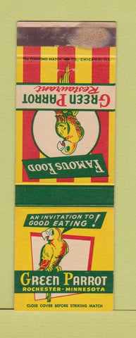 Matchbook Cover - Green Parrot Restaurant Rochester MN WORN