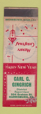 Matchbook Cover - Carl Gingrich District Supervisor Harrisburg PA Christmas WEAR