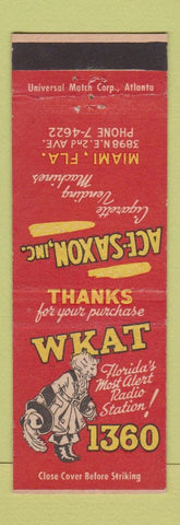 Matchbook Cover - Ace Saxon Vending Miami FL WKAT Radio cat