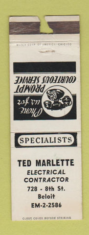 Matchbook Cover - Ted Marlette Electrical Beloit WI POOR STRIKER