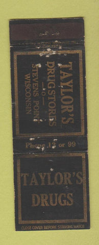 Matchbook Cover - Taylor's Drugs Stevens Point WI POOR PINHOLES