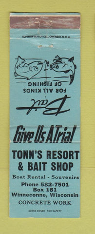 Matchbook Cover - Tonn's Resort Bait Shop Winneconne WI BLUE WORN
