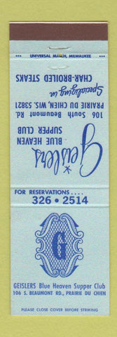 Matchbook Cover - Geislers Blue Heaven Supper Club Prairie Du Chien WI