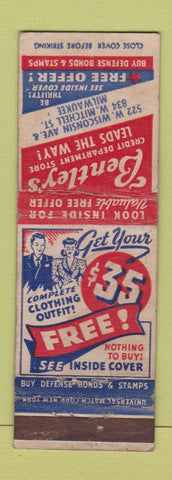 Matchbook Cover - Bentley's Credit Department Store Milwaukee WI WEAR