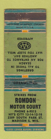 Matchbook Cover - Rodman Motor Court Madison WI WORN