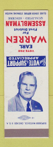 Matchbook Cover - Earl Warren Assemblyman Election Racine WI SAMPLE