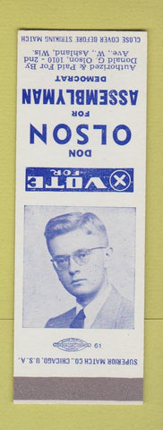 Matchbook Cover - Don Olson Assemblyman Democrat Ashland WI SAMPLE