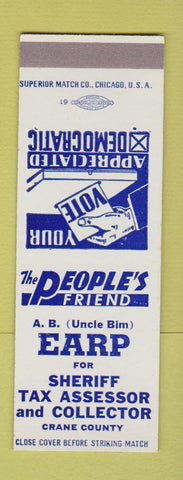 Matchbook Cover - AB Uncle Bim Earp Sheriff Crane County TX? SAMPLE