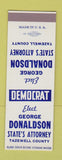 Matchbook Cover - George Donaldson State's Attorney Tazewell County IL SAMPLE