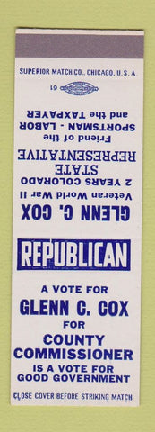 Matchbook Cover - Glenn Cox County Commissioner Election SAMPLE